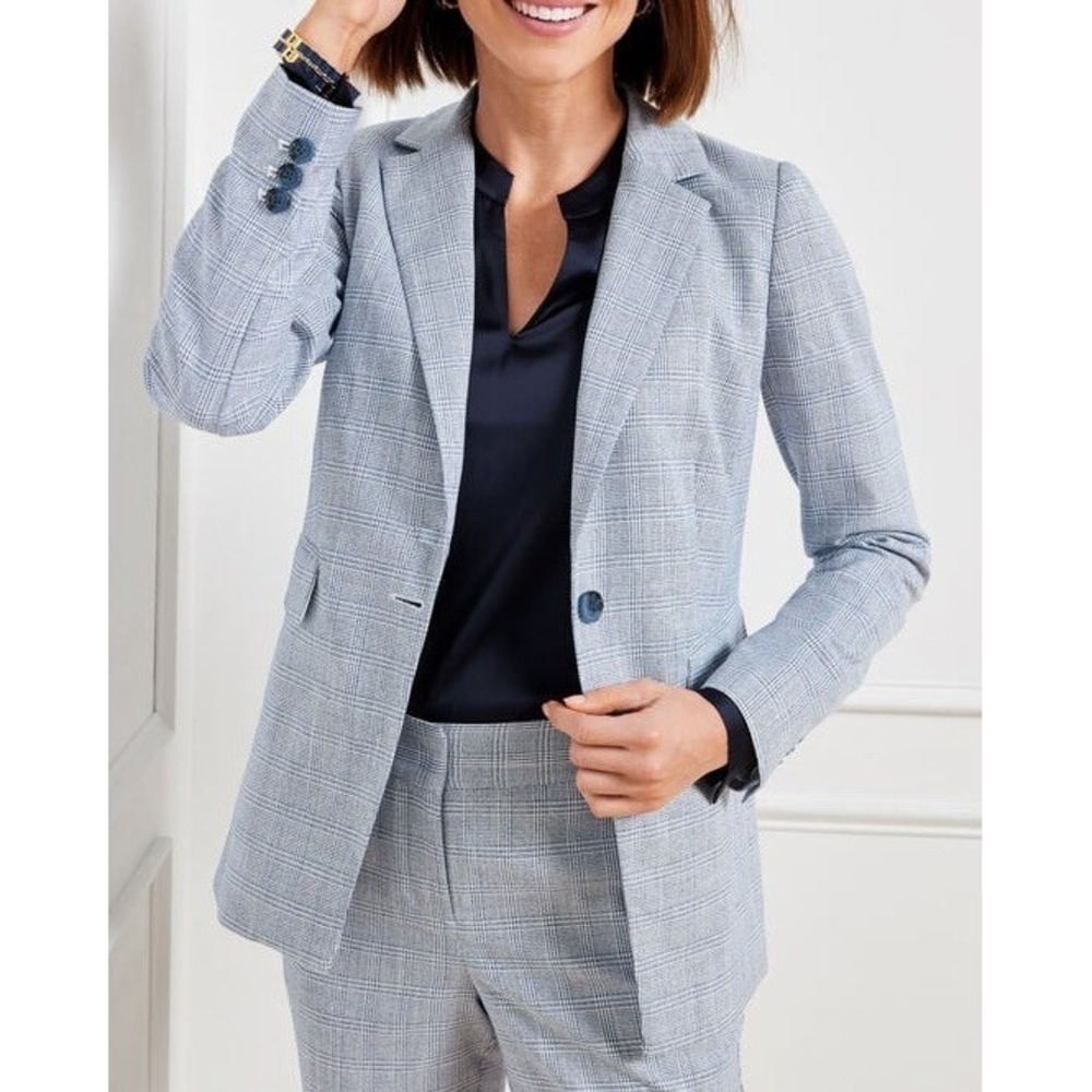 Talbots Glen Plaid Jacket Blazer Sz 14 One Button Blue Corporate Career Office